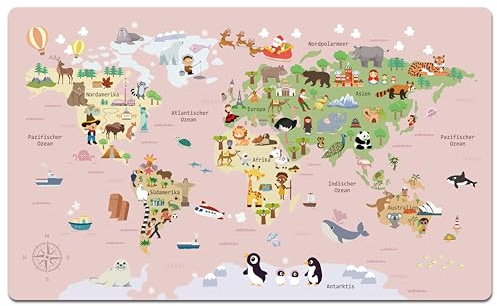 Desk Mat for Children - World Map in Pink with Animals and Buildings - 70 x 40 cm - Double-Sided PU Leather Desk Mat Children Wipe Clean - Oil and Dirt Resistant, Soft