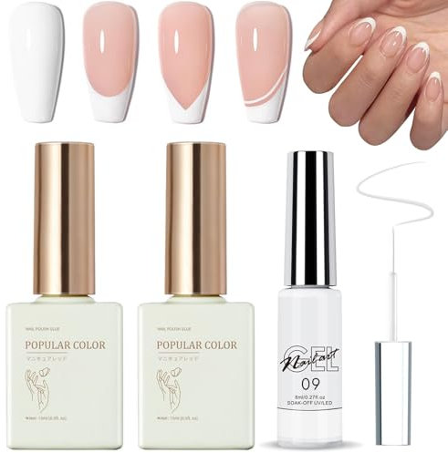 DMQ French Manicure Gel Nail Polish Kit, 3Pcs Jelly Nude White Nail Polish Set with White Liner Gel Polish and Top Coat for French Tip, Long Lasting Soak Off UV/LED for Women DIY Nail at Home