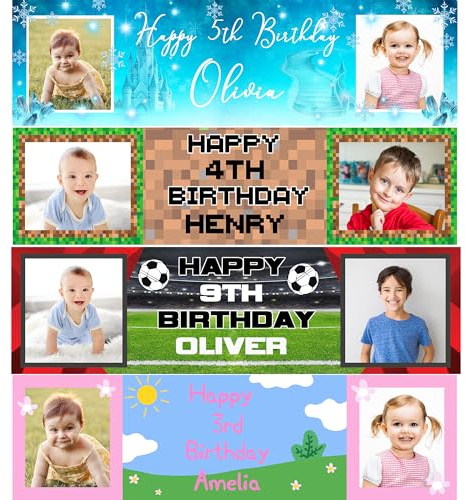 Personalised Party Banner with Photos – Custom Decoration for Kids – 153 x 43 cm Happy Birthday Sign for Girls and Boys - Football