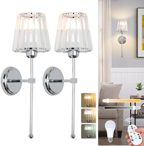 Stepeak Battery Operated Wall Lights Set of 2, Rechargeable Wall Lights Indoor with USB Charging Bulb & Remote, Glass Wireless Wall Sconce Stick On, Chrome Battery Operated Wall Sconces for Bedroom