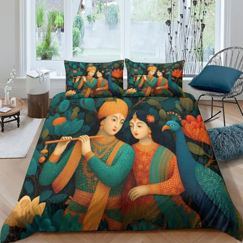 kaiyun Parure De Lit Housse De Couette Motif Flute, Paon, Gopis 3D, Imprimé Éléments de Style Folklorique 3 Pièces, Literie en Microfibre pour Enfants Double（200x200cm）