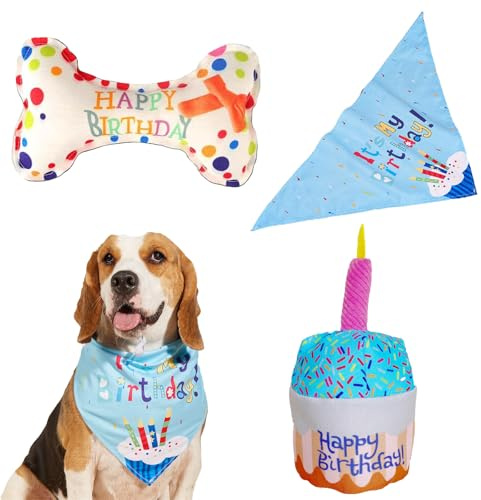 BaiDekun 3-Teiliges Hundegeburtstag Spielzeug Set, Hundehalstuch und Plüschtier Hund (Hundekuchen & Hundeknochen), Geburtstagsgeschenk für Hunde und Haustierparty Fotorequisite