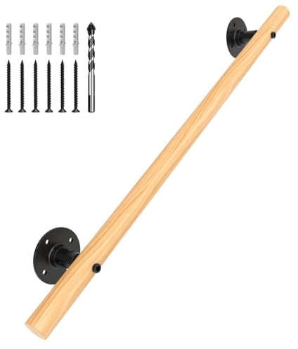 2 FT Wood Handrails for Indoor Stairs, Wall-Mounted Staircase Handrails for Indoor Outdoor Steps, Non-Slip Stairs Railing Indoor for Kids, Elderly, Pregnant Women, Disabled (Round Wood)