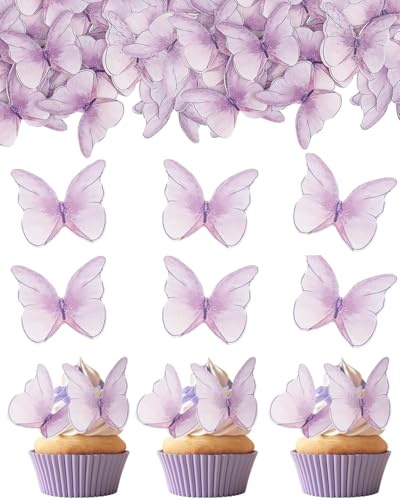 FUGLUS 48 PCS Decoración Comestible para Tartas de Mariposa,Mariposas Papel de Oblea para Decorar Pasteles con Caja,Decoración de Cupcakes para Bodas,Cumpleaños,Bautizos,Fiestas,Navidad(Violeta)