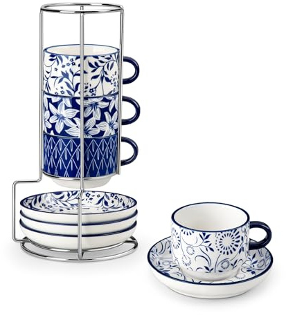 vancasso SELENE Tasses à Café Espresso avec Soucoupe - 4 x 150 ml - Mug en Porcelaine et Support pour Thé, Café, Cappuccino - Résistants au Lave-vaisselle et au Micro-ondes - Bleu et Blanc Vintage