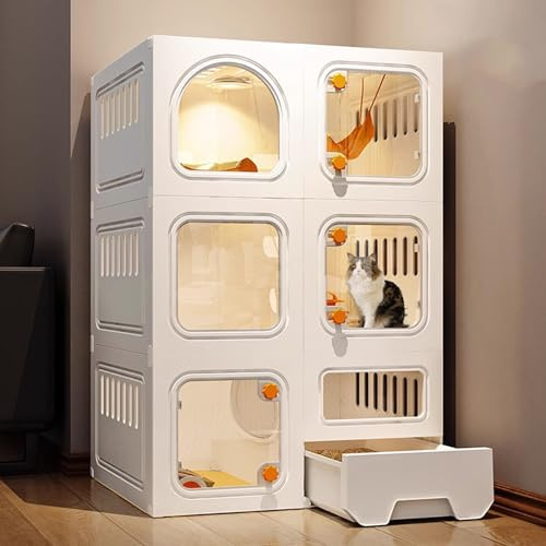 Indoor Katzengehege, 3-stöckige Hundehütte mit Katzenklo, DIY Kunststoff Villa Laufstall, Einfache Montage, Abnehmbarer Übungsraum für Katzen