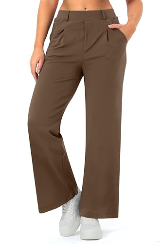 JOYCATCH Wide Leg Work Pants for Woman Stretchy Office Slack Dress Pants Business Trousers with Pockets 29 Brown L