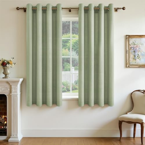 CUTEWIND Gardinen Leinenoptik mit Ösen Kurz Grün Voile Gardinen Küche Fenster Vorhänge Leinen Halbtransparent Landhausstil für Wohnzimmer Schlafzimmer Ösenvorhang 2er Set H 145 x B 140 cm