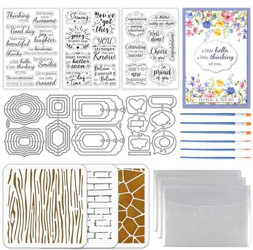 TWINKLEMON 3Sets Blessing Words Clear Stamps & Cutting Dies & Painting Stencils for Card Making, Greeting Words Stamp and Metal Tags Die Cuts Wood Grain Background PET Paint Stencil for DIY Art Crafts