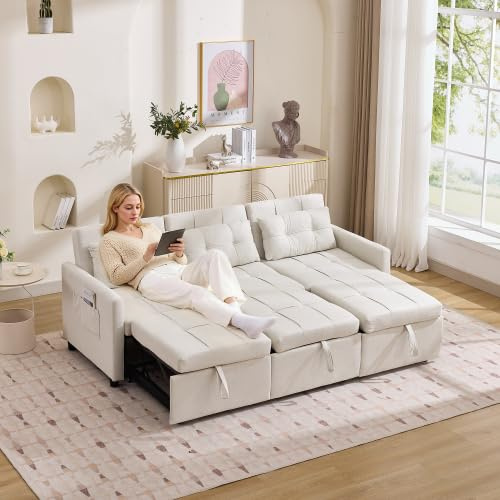 vutizal Schlafsofa Modular 3-Sitzer: Verstellbare Rückenlehne bis 180° zum Gästebett, Ecksofa mit Seitentaschen, Cord Bezug, Beige