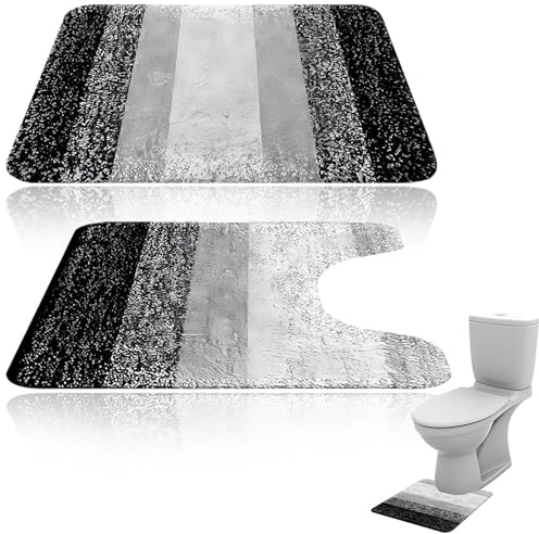 nuneoeuo 2 Pcs Bath and Toilet Mat Set, Soft and Absorbent Non Slip Bath Mats Bathroom Mat Sets 2 Piece, Plush Bathroom Set 50 * 60CM (U-shaped) +40 * 60CM (Square), Grey
