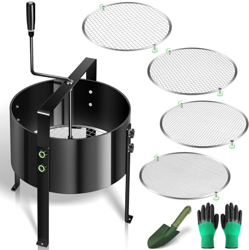 Upgrade Gartensieb Handkurbelsieb aus Metall Ø30cm mit 4 Sieben (3/6/9/12mm), Effizientes Sieb für Erde/Kompost/Steine/Sand/Unkraut, Austauschbare Siebe für Gartenarbeit, mit Gartenschaufel & Paar Han