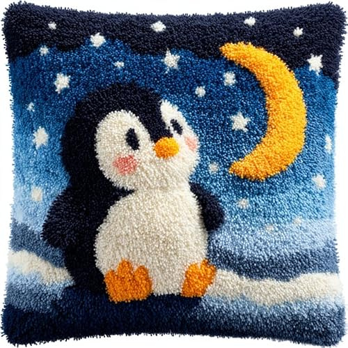WallustrioaW Knüpfkissen Zum Selber Knüpfen, Pinguine und der Mond 43X43cm Diy Kissenbezug Knüpfen Kissen Hülle Sofakissenbezug, Knüpfkissen Set Für Erwachsene