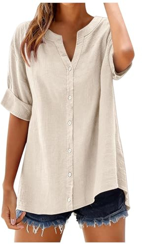 Chemisier Femme Chic et élégant Coton et Lin Manches Courtes Col en V Coupe Ample Solide Haut épais Blouse D'Été Respirant Grande Taille Chemise Lin Tunique Blouse avec Boutonnée