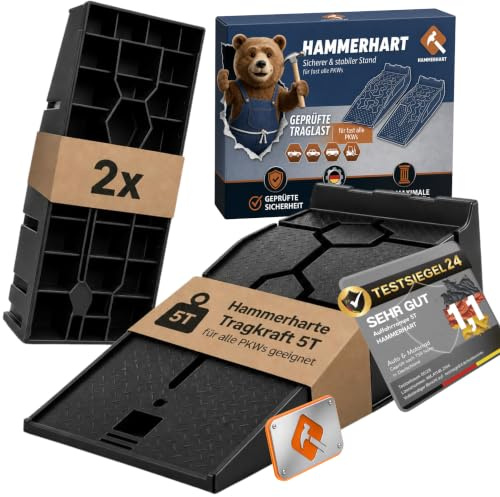 HAMMERHART - Auffahrrampe PKW [2er Set <5T ] | Hochbelastbare Auto Rampe TESTSIEGER | Auffahrkeile mit Anti Rutsch Struktur für jeden Untergrund | Auffahrrampen ideal für Wohnwagen, Anhänger & Pkw