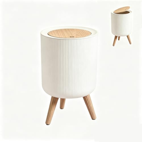 Chiziyixin 9L White Bathroom Bin with Lid, Plastic Dog Proof Trash Can with Legs And Push Button, Small Round Waste Paper Basket for Bedroom, Bathroom, Living Room, Office, Toilet, Kitchen
