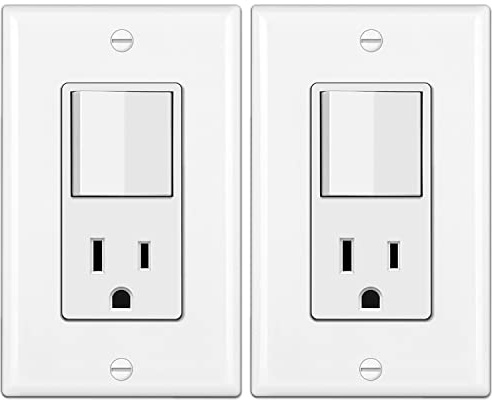 BESTTEN 2 Pack Combination Wall Light Switch and Decor Outlet, Single Pole Rocker Switch, 15A/120V, Decorative Receptacle, 15A/125V, Combo Style, Wallplate Included, Side Wire, UL Listed, White