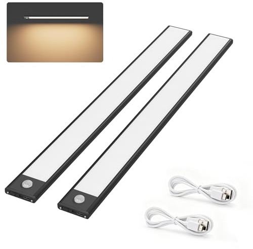 Klighten 2 Stück 40cm Schrankbeleuchtung mit Bewegungsmelder, Unterbauleuchte Küche LED 170LM, 2200 mAh Akku, Auto/ON/OFF, USB Aufladbar, Magnet Schranklicht, 3000K Warmweiß, Schwarz