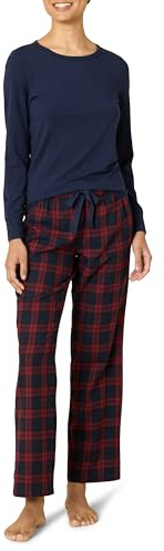 Amazon Essentials Set da Notte da Donna con Pantaloni in Flanella Leggera e Maglietta a Maniche Lunghe (Disponibile in Taglie Forti), Bordeaux/Blu Navy, XL