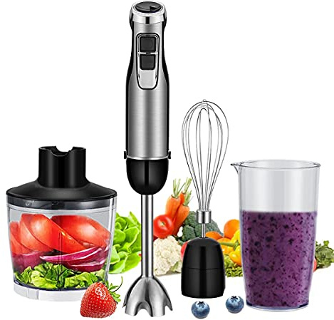 HIZQ Mixeur Plongeant Mixer Plongeur Multifonction 4-En-1 Avec Hachoir 600ML Et Bécher Mélangeur, Fouet En Acier Inoxydable, Mixeur À Immersion 6 Vitesses Pour Aliments Pour Bébés