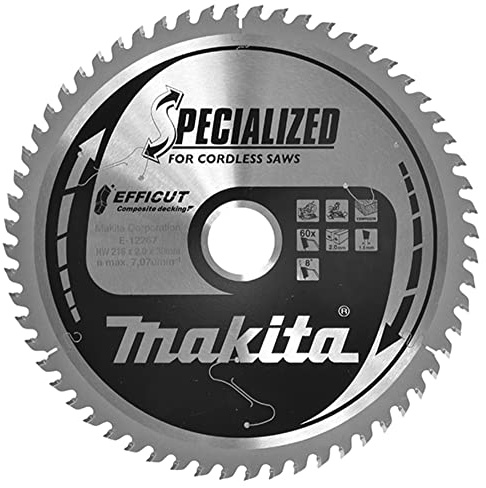 Makita E-12267 EFFICUT Composite decking Kreissägeblatt Ø 216 x 2,0 x 30 mm, 60 Zähne, 8° Zahnwinkel, für naturfaserverstärkten Kunststoff z.B. WPC, für Akku-Kapp- und Gehrungsssägen