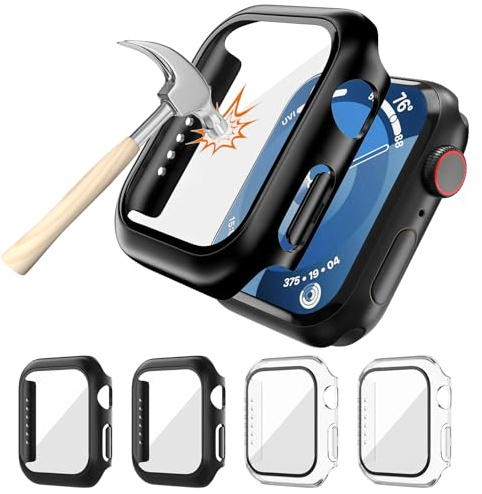 Förpackning med 4 skyddsfodral för Apple Watch 9/8/7, 41 mm skärmskydd, hård PC-skyddsfodral med härdat glas, kompatibel med Apple Watch serie 9, serie 8, serie 7 (2 svart och 2
