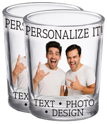 2pk Personalised Printed Photo 2.5oz Shot Glasses, Gifts for Dads and Mums, custom image or pictures – anniversaries, party favors, bachelor or bachelorette party, 18th birthday shot glass