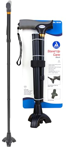 Dynarex Stand-Up Cane - Provides Mobility Support - T-Shaped Handle, 3 Point Base, Foldable, Step-Up Design & Wrist Strap, 300 lb. Weight Capacity, Black, 1 Cane