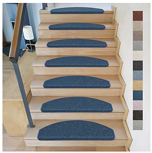 Metzker Stufenmatten Treppenteppich Göteborg 15 Stück Blau | Sisal-Optik in aktuellen Farben incl. Klebeband | Trittfläche Halbrund 65x24cm