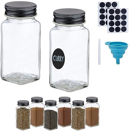 Relaxdays Barattoli Spezie, Set di 8 Vasetti Vetro 120 ml, Contenitori con Coperchio in Acciaio, con Etichette e Imbuto, Inox, Trasparente Nero, 120ml