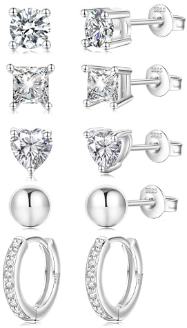EXGOX Sterling Silver Stud Earrings,925 Silver Earrings for Women Girls Hypoallergenic Silver Hoop Earrings Dainty Ball Heart Stud Earrings Shiny Cubic Zirconia Diamond Stud Earrings Set(5 Pairs)