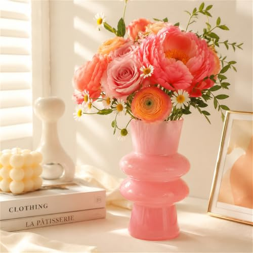 JSPYFITS Glasvasen für Dekoration, 20 cm, Hydrokultur-Glasvasen, Blasen-Blumenvasen, dekorativ für Heimdekoration, flippig, modern, geometrisch, für Wohnzimmer/Hochzeit/Party/Büro (Rosa)