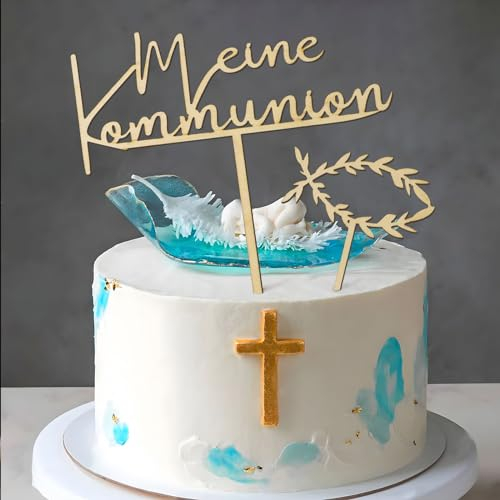 COLOFALLA 2 Stücke Cake Topper zur Kommunion Holz Kommunion Torten Topper Kuchen Topper Kommunion Fisch Kuchen Deko Kommunion Tortendeko für Kommunion Junge Mädchen EDAA2773