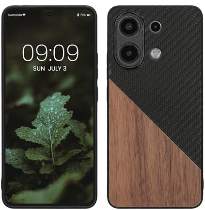 kwmobile Coque Compatible avec Xiaomi Redmi Note 13 4G - Housse en Bois et Fibre Carbone Brun foncé-Noir