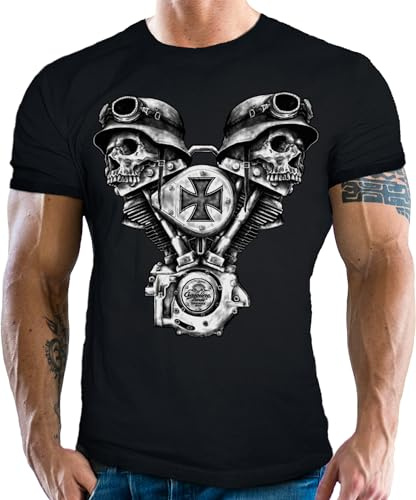 Gasoline Bandit Camiseta para motociclistas y motociclistas: V-Twin Skulls Iron Cross, calaveras, M