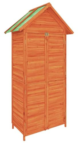 Holz Gerätehaus mit 4 Ablageflächen, Geräteschrank Geräteschuppen Gartenschrank Doppeltür Design Werkzeugschrank Outdoor-Schrank Gartenbox mit Dach, Braun 89x52,5x175 cm Massivholz Kiefer