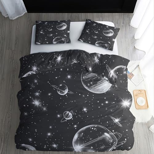 WQIZXCW Weltraum Bettwäsche 155x200 - Weltall Planeten Motiv, Weiche und Angenehme Microfaser Bettbezug Set 2 Teilig, 1 Kissenbezug 80x80, mit Reißverschluss, Wendebettwäsche & Zimmer Deko