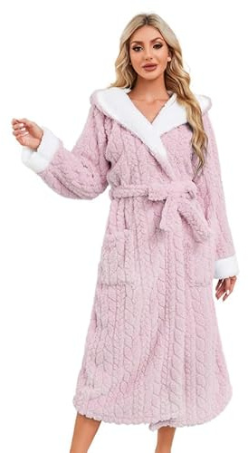LYCY Womens Plush Hooded Robe, Soft Fluffy Womens Fleece Robe Long Warm Bathrobes for Women（Light pink, S/M）
