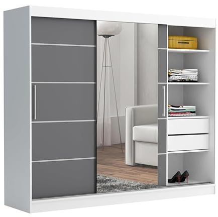 Brent - Kleiderschrank mit Spiegel und Schubladen 235cm Breit Chelsea Tomy, Schwebetürenschrank mit Spiegel, Schlafzimmerschrank, Kleiderschrank Weiß/Grau