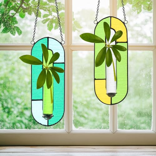 Yiyiring 2 uppsättningar målat glas växtförädlingsstation med glasrör och kedja hängande terrarium vägg växthållare dekor för vardagsrum fönster