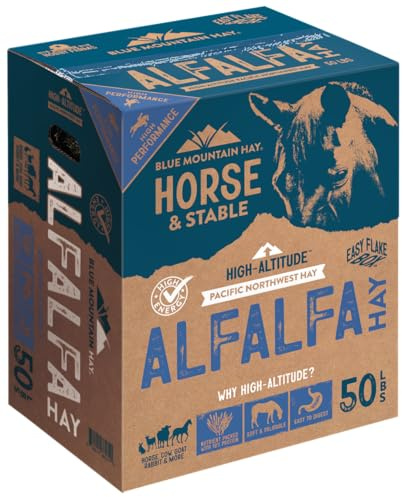 Blue Mountain Hay High-Altitude Alfalfa Hay Easy Flake Box (50 lb),Leafy Texture, High Protein Fiber & Minerals, Easy Storage Feed Solution for Homestead Use