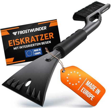 FROSTWUNDER [Das Original - Eiskratzer Auto mit Besen - 59cm Profi Schneebesen Auto mit schonenden Borsten - Leicht verstaubarer Scheibenkratzer Auto Schneebesen - Langlebiger Eiskratzer mit Besen
