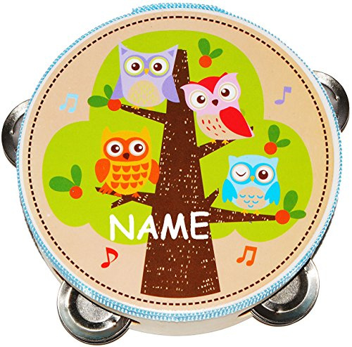 alles-meine.de GmbH Tamburin - aus Holz - lustige Eulen auf dem Baum - incl. Name - mit Metall Schellen/für Kinder & Erwachsene - Perkussion - Tambourin - Handtrommel - Mus..