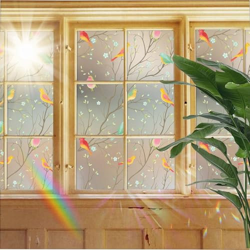 Fensterfolie Buntglas 55 x 420 cm, Selbsthaftend Blickdicht, Entfernbar, Kein Kleber, Rückstandslose, Wiederverwendbar, Fensterfolie Tönungsfolie Transparent, Blumen und Vögel