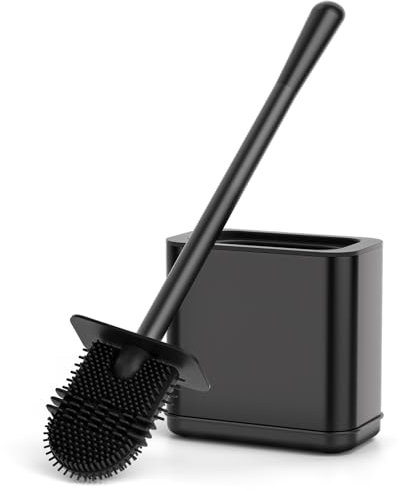 FUNPALA Escobilla Baño Silicona - Escobillero de Acero Inoxidable con Cabeza Flexible - Escobillero de Mango Largo con Protección contra Salpicaduras - Escobilla WC Silicona Negro para del Baño