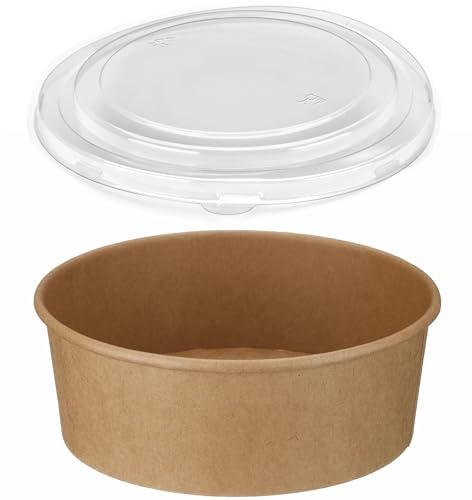 50 Pack Extra Large 1300ml Kraft Disposable Round Paper Takeaway Bowls with Lids Hot Cold Food Deli Salad