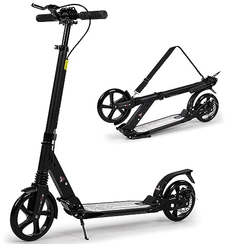 Kickscooter, Tretroller für Kinder von 8 bis 12 Jahren mit großen Rädern von 200 mm für Erwachsene mit Scheibenbremsen, verstellbare Roller mit Tragegurt für Jugendliche von 11 bis 15