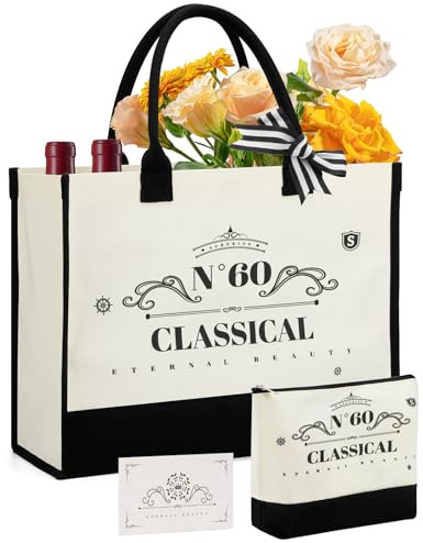 60er Geburtstag Frau mit Kosmetiktasche und Integrierter Reißverschlusstasche und Grußkarte, Personalisierte Canvas Einkaufstasche Tragetasche, Mama Tasche für Strand Urlaub Geschenke zur Rente Frau