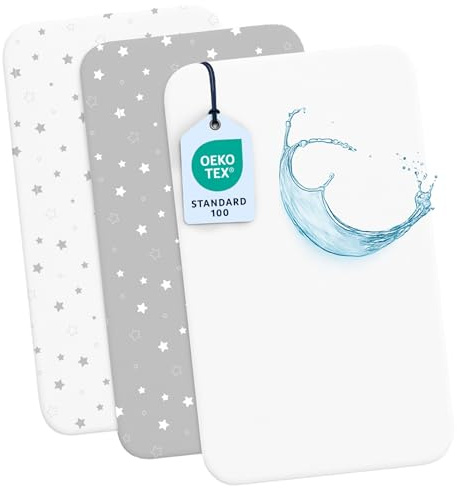 Dreamzie - 2 Baby Spannbettlaken 55x90 + 1 Wasserdichter Matratzenschoner | 3er Set für Babybett · 100% Baumwolle · Hypoallergen · OEKO-TEX zertifiziert · Kinderwagen & Babybett · Sternmotiv