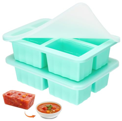 Fegat Set med 2 silikonfrysformar med lock – Portionsform för soppa, buljong, sås, babypuré – Stapelbar, BPA-fri, enkel urformning (grön 1 000 ml)